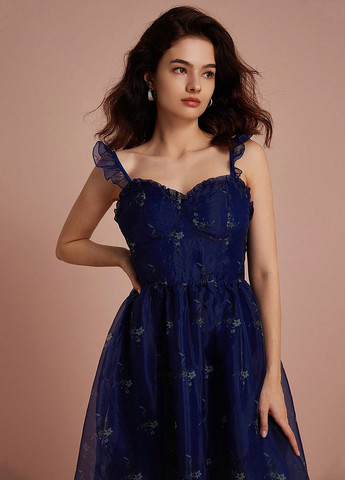 Темно-синее праздничный, коктейльное платье клеш SHEIN с цветочным принтом