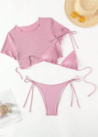 Світло-рожевий літній купальник (топ, ліф, трусики) бікіні, роздільний SHEIN
