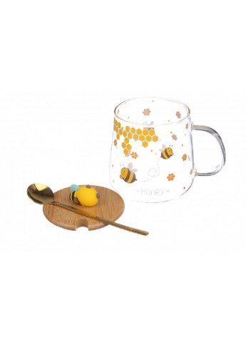Прозрачная чашка с крышкой и ложкой "Пчелка" 380 мл (66-6336) No Brand комбинированная