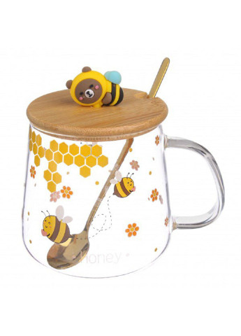 Прозора чашка з кришкою та ложкою "Бджілка" 380 мл (66-6336) No Brand комбінована