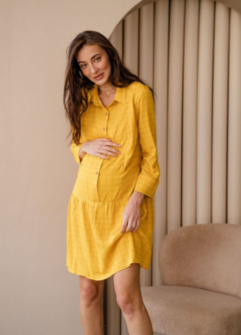 Желтое платье для беременных с секретом для кормления для кормящих мам в рубашечном стиле жёлтое To Be в клетку
