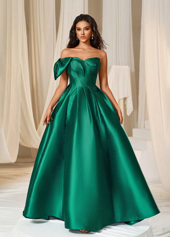 Темно-зелена святковий, вечірня сукня кльош, на одне плече SHEIN однотонна