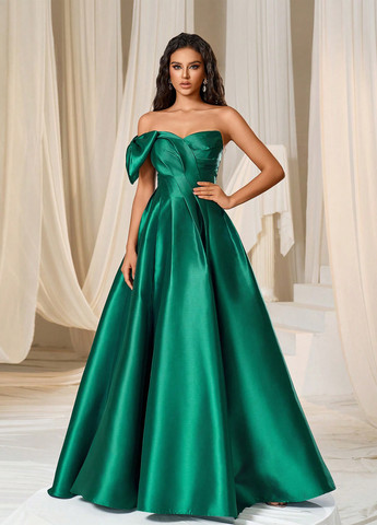 Темно-зелена святковий, вечірня сукня кльош, на одне плече SHEIN однотонна