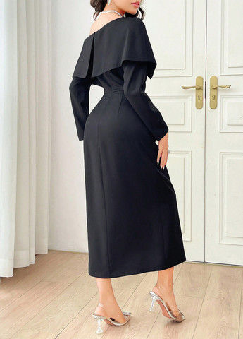 Черное деловое, вечернее платье с открытыми плечами, платье-жакет, силуэтная SHEIN однотонное