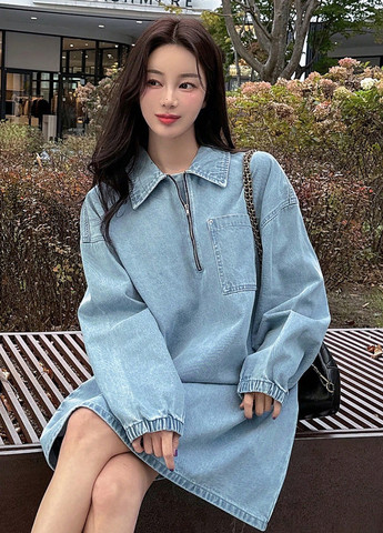 Світло-синя джинсова, кежуал сукня а-силует SHEIN однотонна