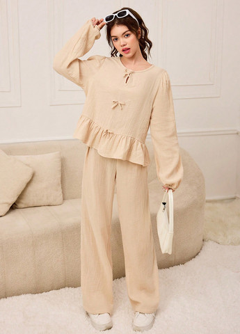 Кремовый демисезонный костюм (блуза, брюки) брючный SHEIN