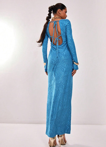 Блакитна вечірня сукня силуетна, з відкритою спиною SHEIN з абстрактним візерунком