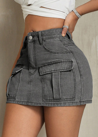 Серая кэжуал, джинсовая однотонная юбка SHEIN