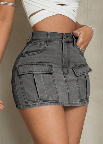 Серая кэжуал, джинсовая однотонная юбка SHEIN