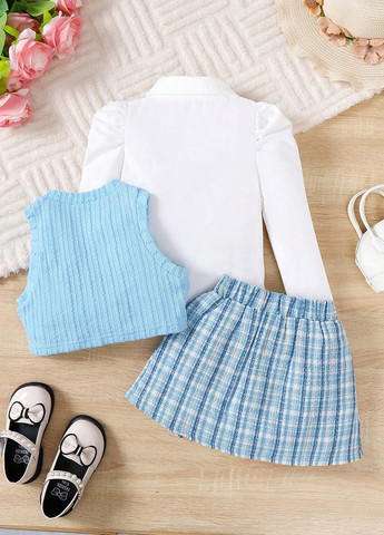 Светло-синий демисезонный костюм (рубашка, жилет, юбка) юбочный, тройка, с рубашкой SHEIN