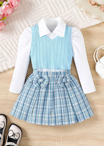 Светло-синий демисезонный костюм (рубашка, жилет, юбка) юбочный, тройка, с рубашкой SHEIN