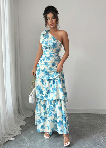 Кремовое праздничный, кэжуал платье на одно плечо SHEIN с цветочным принтом