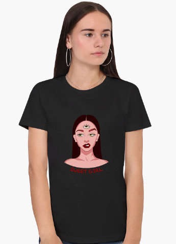 Чорна демісезон футболка жіноча мила дівчина діджитал арт (sweet girl digital art) (8976-1634) xxl MobiPrint