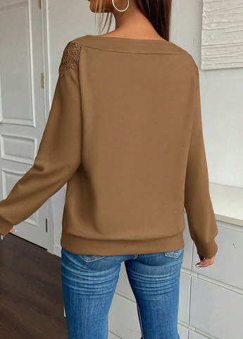 Темно-бежевый свитшот SHEIN однотонный кружево (367748014)
