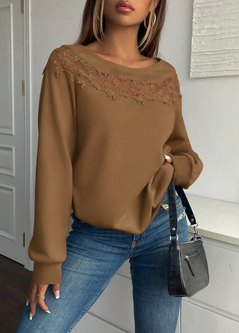 Темно-бежевый свитшот SHEIN однотонный кружево (367748014)