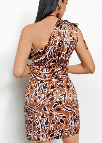 Коричневое кэжуал платье силуэтная, на одно плечо, в стиле ампир SHEIN с цветочным принтом