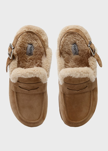Коричневые сабо PRPY без каблука с мехом, с пряжкой