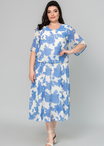 Блакитна кежуал сукня а-силует, з баскою A'll Posa з квітковим принтом
