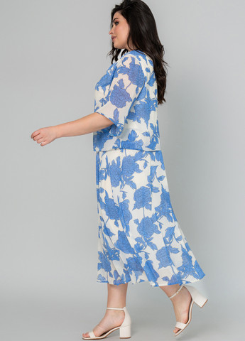 Голубое кэжуал платье а-силуэт, с баской A'll Posa с цветочным принтом