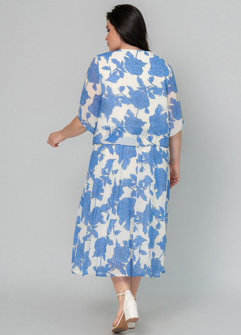 Голубое кэжуал платье а-силуэт, с баской A'll Posa с цветочным принтом