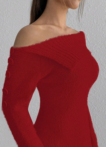 Червона кежуал сукня сукня светр, силуетна, на одне плече SHEIN однотонна