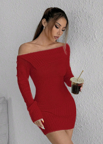 Червона кежуал сукня сукня светр, силуетна, на одне плече SHEIN однотонна