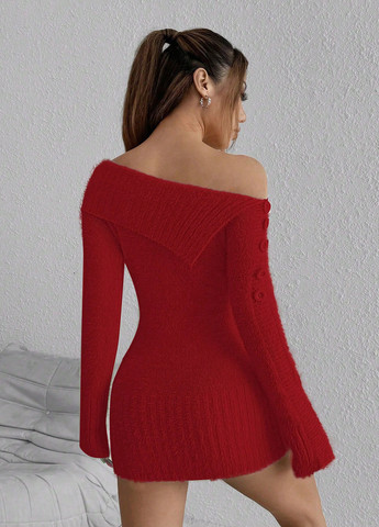 Червона кежуал сукня сукня светр, силуетна, на одне плече SHEIN однотонна