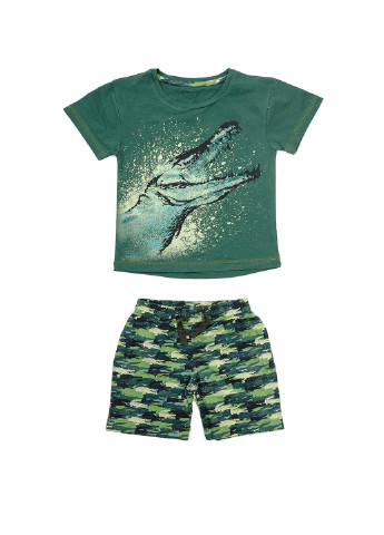 Зеленый летний комплект футболка, шорты с накатом с шортами Фламинго Текстиль