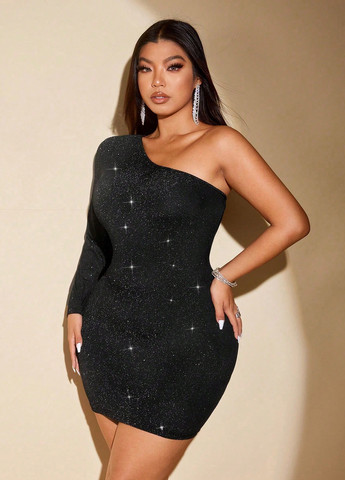 Чорна коктейльна сукня силуетна, на одне плече, з відкритою спиною SHEIN з візерунком "перець з сіллю"