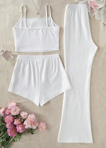 Белая всесезон пижама (топ, шорты, штаны) топ + шорты + брюки SHEIN