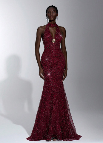 Красное праздничный, вечернее платье годе, со шлейфом SHEIN однотонное