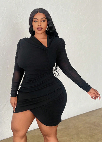 Чорна святковий, коктейльна, кежуал сукня а-силует, футляр, на запах SHEIN однотонна