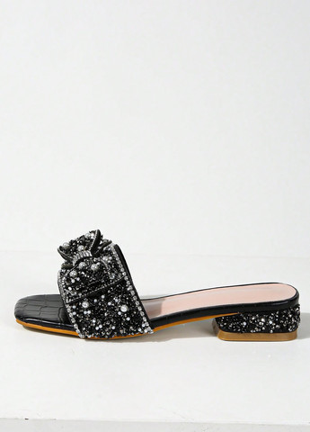 Черные сандалии SHEIN с бантом, со стразами, с бусинами