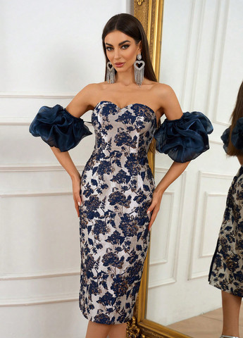 Комбинированное праздничный, вечернее платье силуэтная, с открытой спиной, с открытыми плечами SHEIN с цветочным принтом