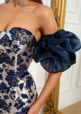 Комбинированное праздничный, вечернее платье силуэтная, с открытой спиной, с открытыми плечами SHEIN с цветочным принтом