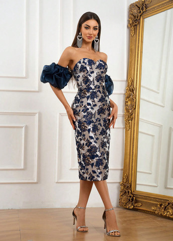 Комбинированное праздничный, вечернее платье силуэтная, с открытой спиной, с открытыми плечами SHEIN с цветочным принтом