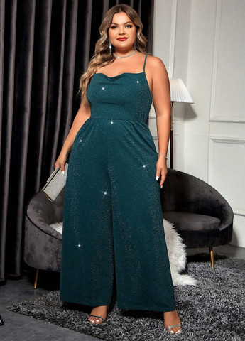 Комбінезон SHEIN комбінезон-брюки однотонний темно-зелений святковий, вечірній поліестер