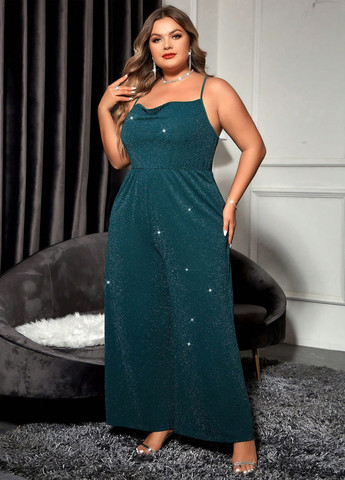 Комбінезон SHEIN комбінезон-брюки однотонний темно-зелений святковий, вечірній поліестер