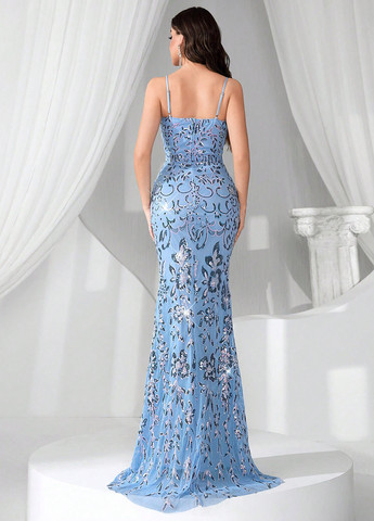 Темно-блакитна святковий, коктейльна, вечірня сукня годе SHEIN однотонна