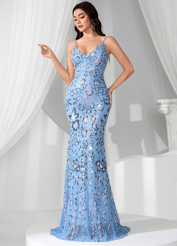 Темно-блакитна святковий, коктейльна, вечірня сукня годе SHEIN однотонна