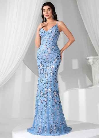 Темно-блакитна святковий, коктейльна, вечірня сукня годе SHEIN однотонна