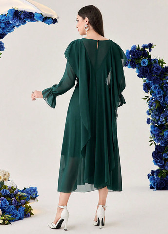 Темно-зелена вечірня сукня кльош, сукня-кейп SHEIN однотонна