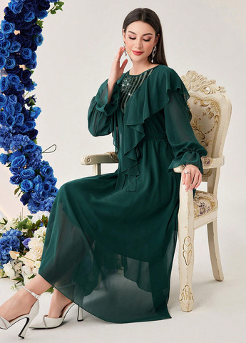 Темно-зелена вечірня сукня кльош, сукня-кейп SHEIN однотонна