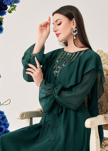 Темно-зелена вечірня сукня кльош, сукня-кейп SHEIN однотонна