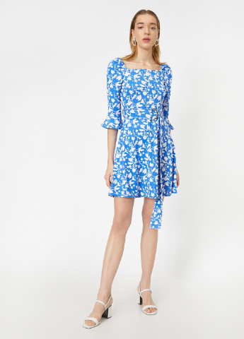Блакитна кежуал плаття, сукня кльош KOTON з квітковим принтом