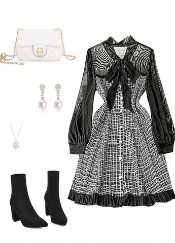 Чорно-білий кежуал сукня кльош SHEIN в клітинку