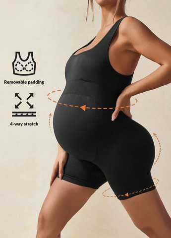 Комбинезон для беременных SHEIN комбинезон-шорты однотонный чёрный спортивный полиамид, трикотаж