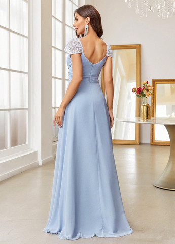 Светло-голубое вечернее, праздничный платье в стиле ампир SHEIN однотонное