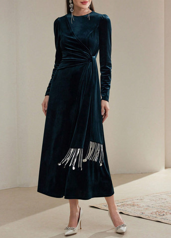 Темно-зелена вечірня сукня кльош, на запах SHEIN однотонна