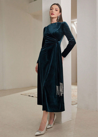 Темно-зелена вечірня сукня кльош, на запах SHEIN однотонна